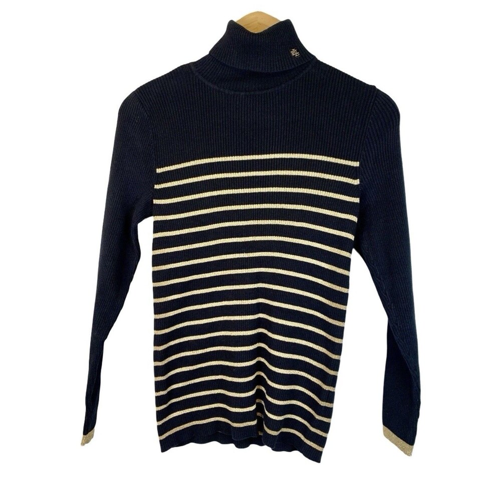 Lauren Ralph Lauren Black Gold Metallic Stripe Stretch Turtleneck Sweater Medium
